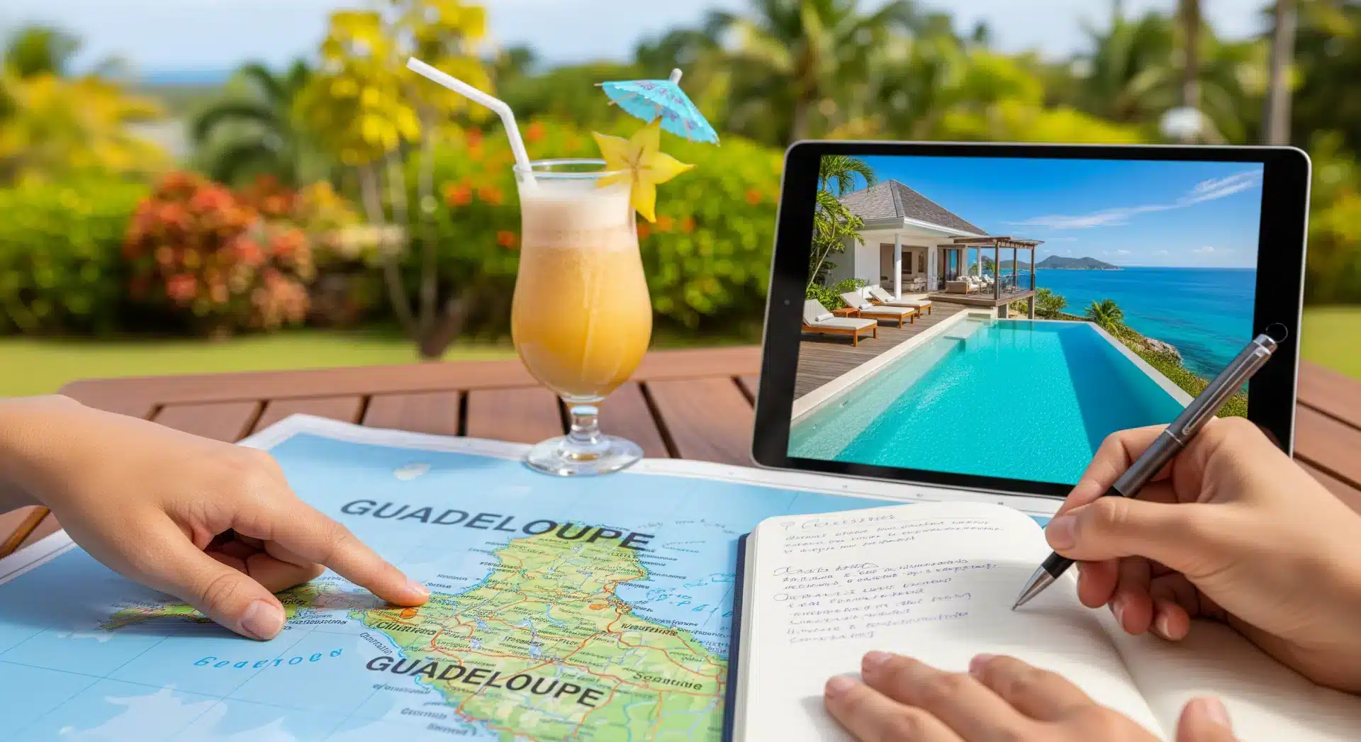 Organisation d'un séjour sur-mesure en Guadeloupe, en planifiant les étapes sur une carte et un carnet.