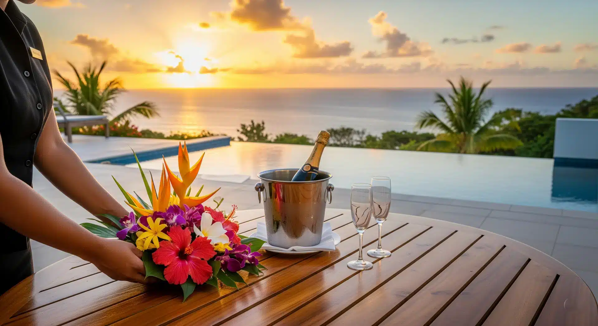 Conciergerie privée en Guadeloupe offrant un service premium dans une villa avec vue sur la mer au coucher du soleil.